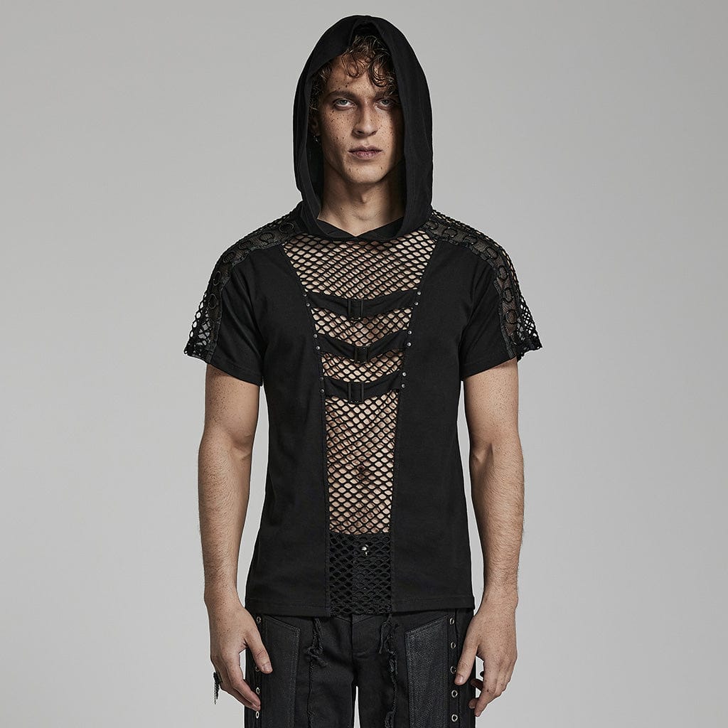 Punk Rave Herren Mesh Splice Kapuzen T-Shirt Schwarz mit Epauletten & Schnallen