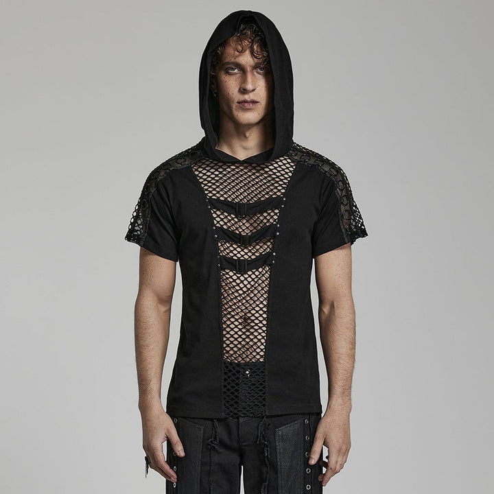 Punk Rave Herren Mesh Splice Kapuzen T-Shirt Schwarz mit Epauletten & Schnallen