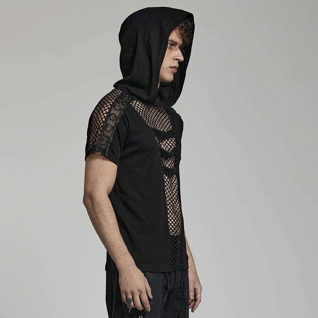 Punk Rave Herren Mesh Splice Kapuzen T-Shirt Schwarz mit Epauletten & Schnallen