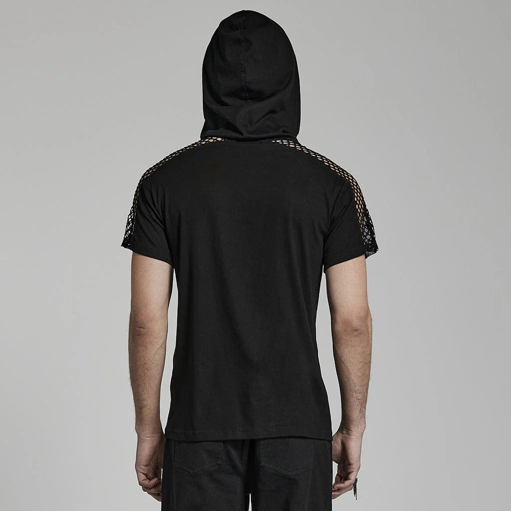 Punk Rave Herren Mesh Splice Kapuzen T-Shirt Schwarz mit Epauletten & Schnallen