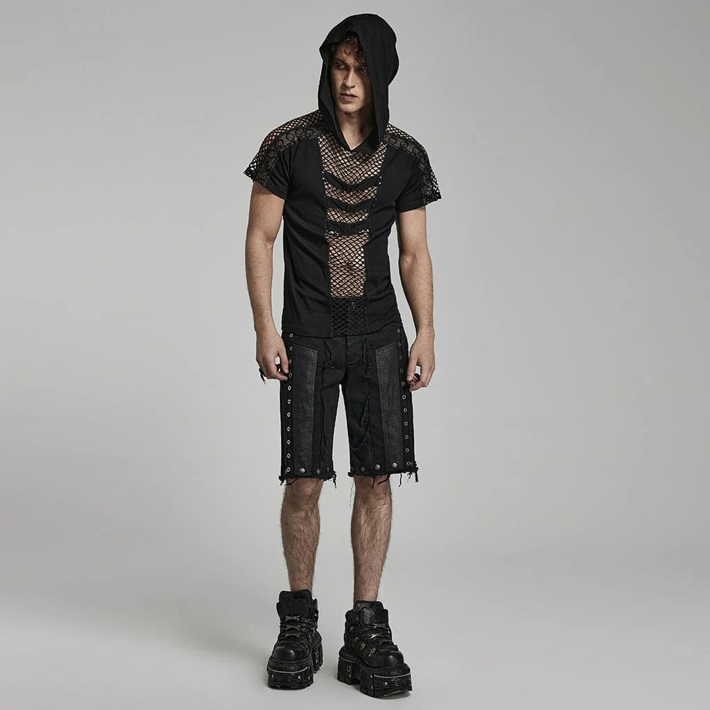 Punk Rave Herren Mesh Splice Kapuzen T-Shirt Schwarz mit Epauletten & Schnallen