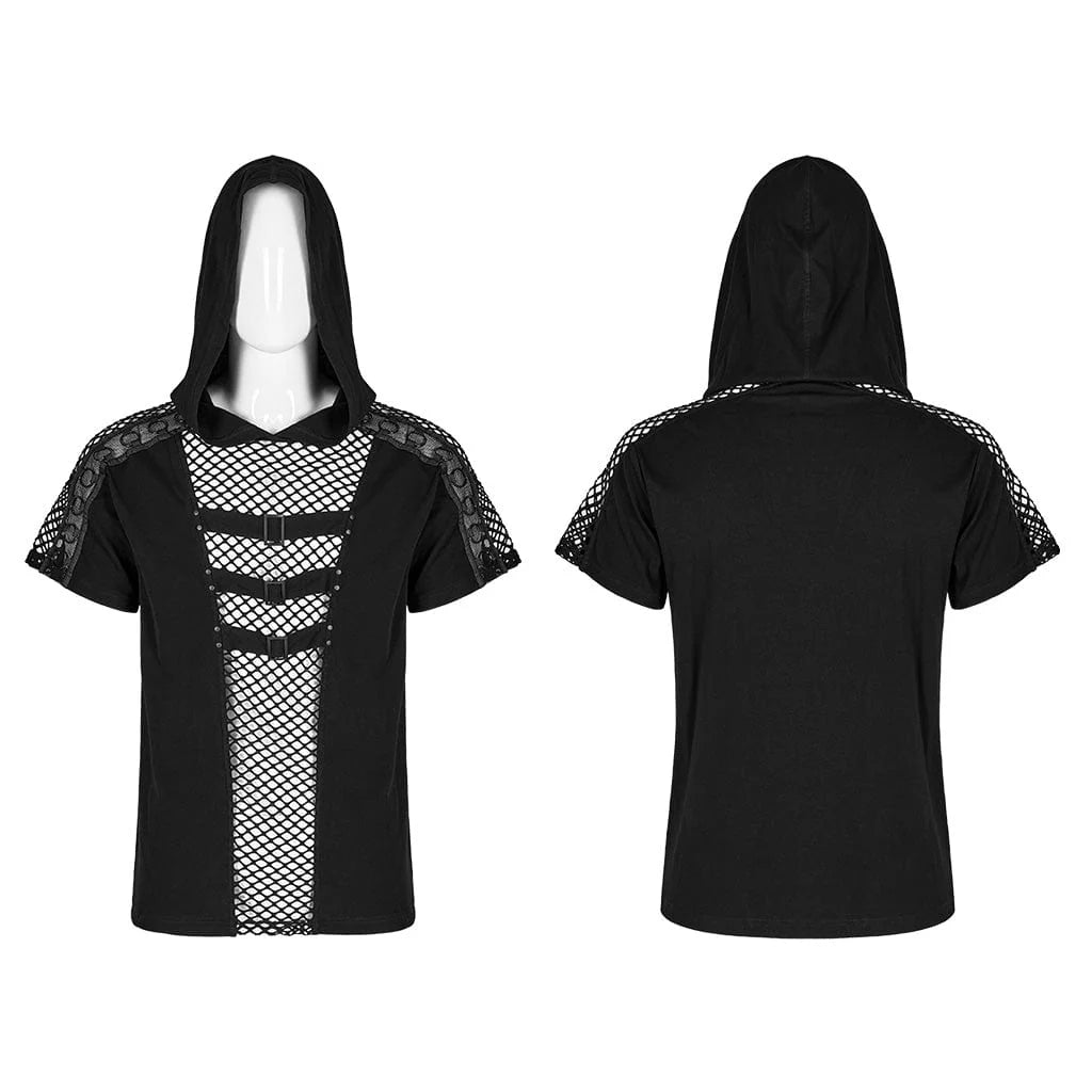 Punk Rave Herren Mesh Splice Kapuzen T-Shirt Schwarz mit Epauletten & Schnallen
