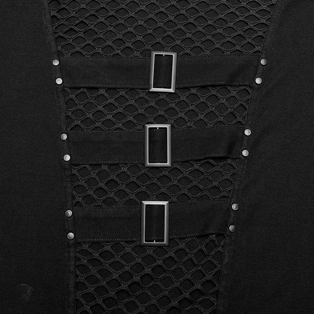 Punk Rave Herren Mesh Splice Kapuzen T-Shirt Schwarz mit Epauletten & Schnallen
