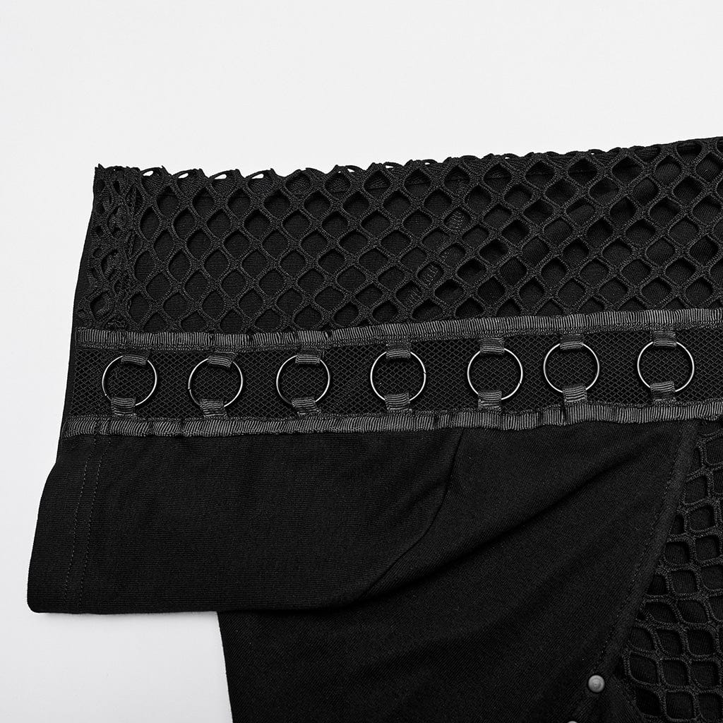 Punk Rave Herren Mesh Splice Kapuzen T-Shirt Schwarz mit Epauletten & Schnallen