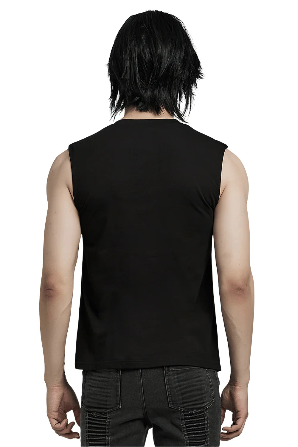 Schlichte Rückansicht des PUNK RAVE Herren Tanktops aus schwarzem Baumwoll-Jersey.