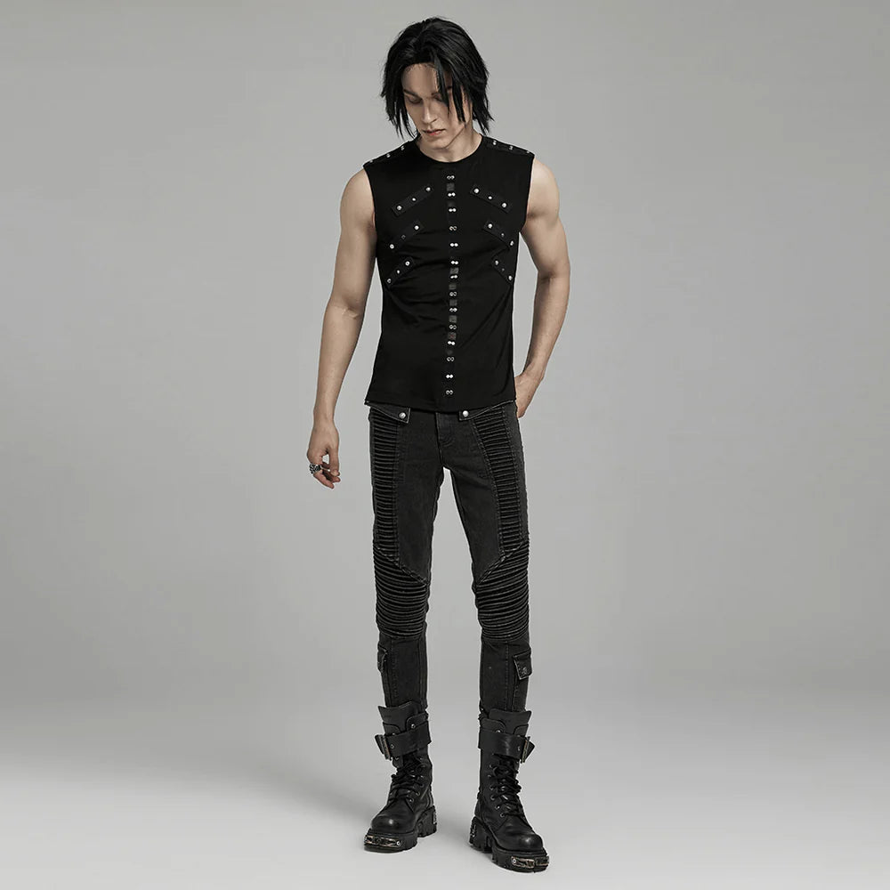 PUNK RAVE Tanktop für Herren in Schwarz mit Netzeinsätzen und Nieten-Details