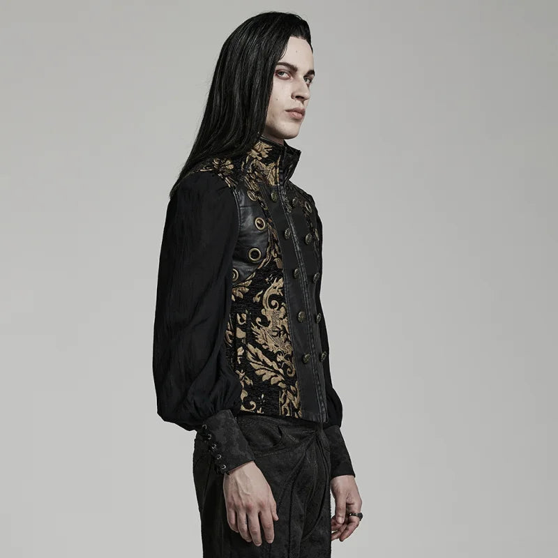 Punk Rave – Gothic Stehkragen-Weste „Noctis Imperium“ in Schwarz-Gold aus Jacquard