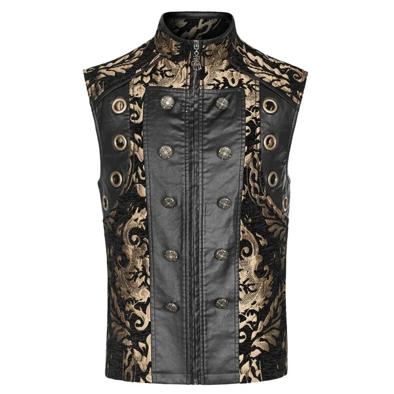 Punk Rave – Gothic Stehkragen-Weste „Noctis Imperium“ in Schwarz-Gold aus Jacquard