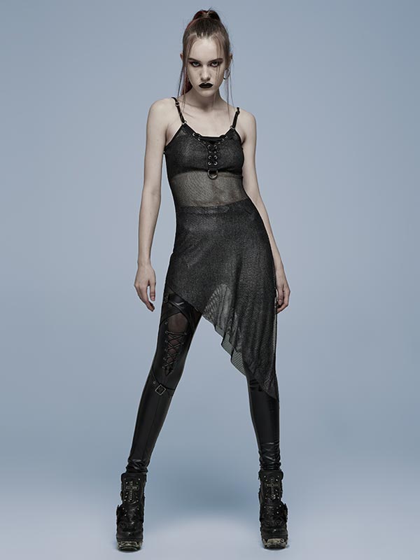 Punk Rave Mesharmor transparentes Silber-Netzkleid mit Schnürung