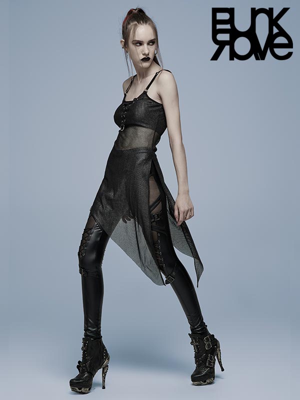 Punk Rave Mesharmor transparentes Silber-Netzkleid mit Schnürung