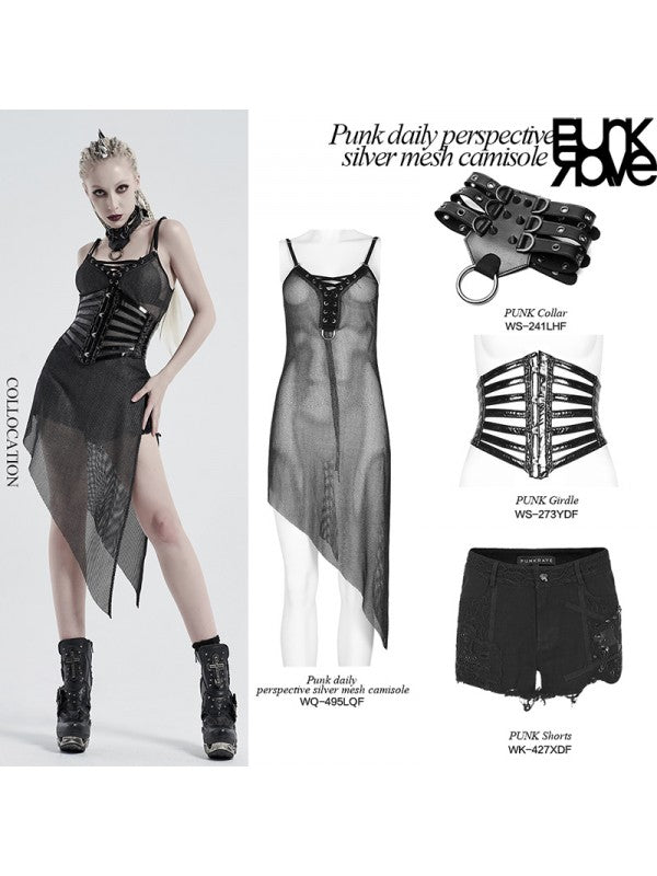 Punk Rave Mesharmor transparentes Silber-Netzkleid mit Schnürung