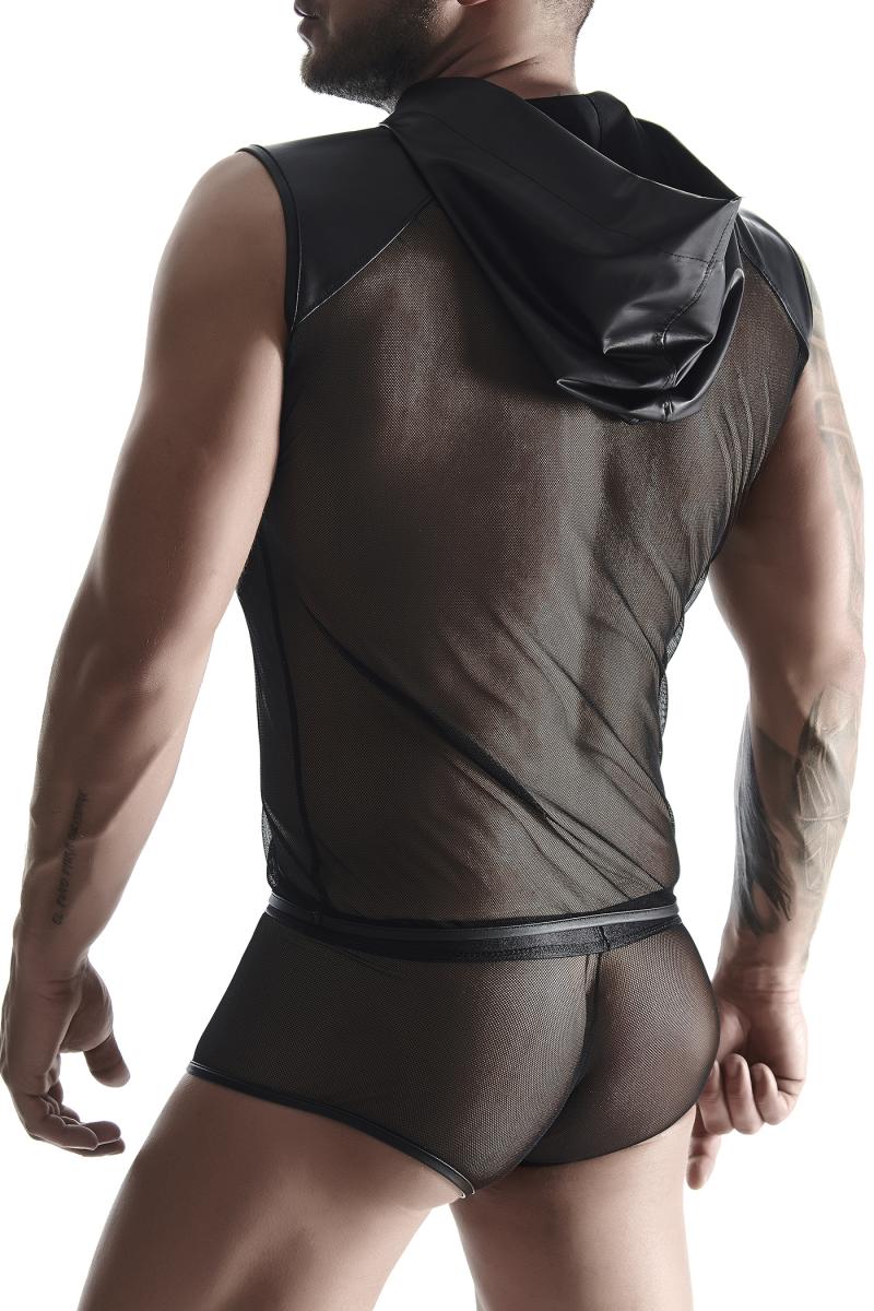 Die Rückansicht des elastischen Muskelshirts zeigt die erotische Transparenz des weichen Netzmaterials.