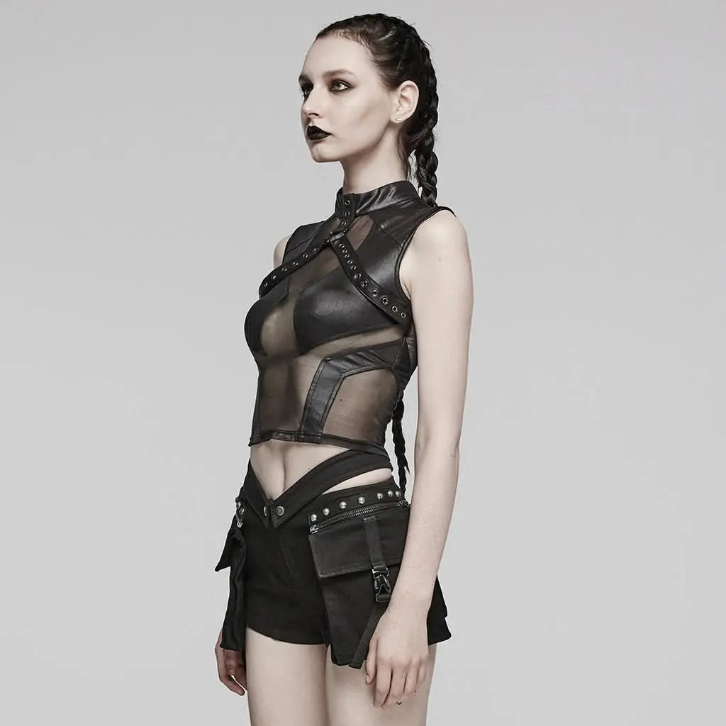 Ärmelloses Mesh Top mit betonten Schultern und Leder-Kontrasten