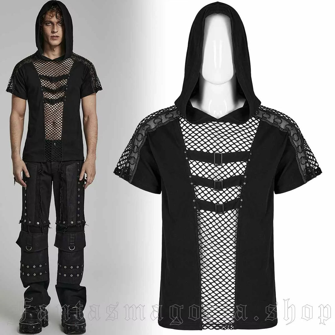Punk Rave Herren Mesh Splice Kapuzen T-Shirt Schwarz mit Epauletten & Schnallen