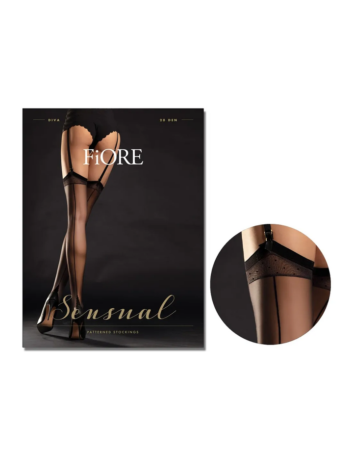 Fiore Diva Damen Strapsstrümpfe 20 DEN schwarz mit Naht und kubanischem Absatz