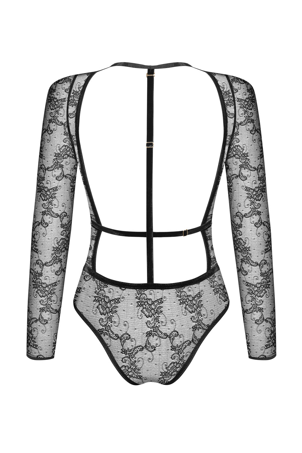 Schwarzer Spitzen-Body mit verstellbaren Rückenbändern.