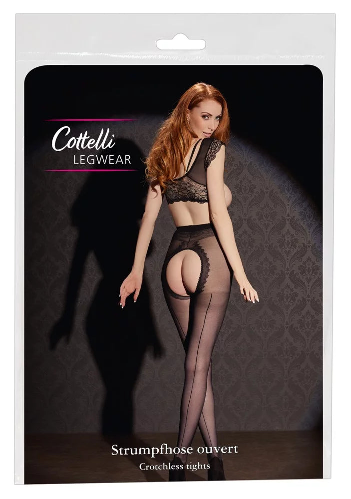 Seductive open-crotch tights with decorative seam &amp; lace waistband