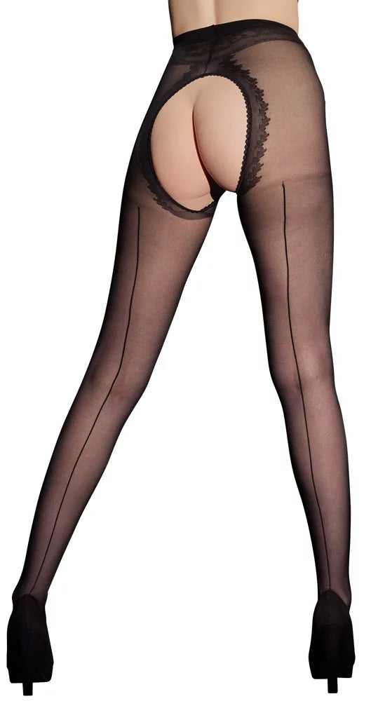 Seductive open-crotch tights with decorative seam &amp; lace waistband