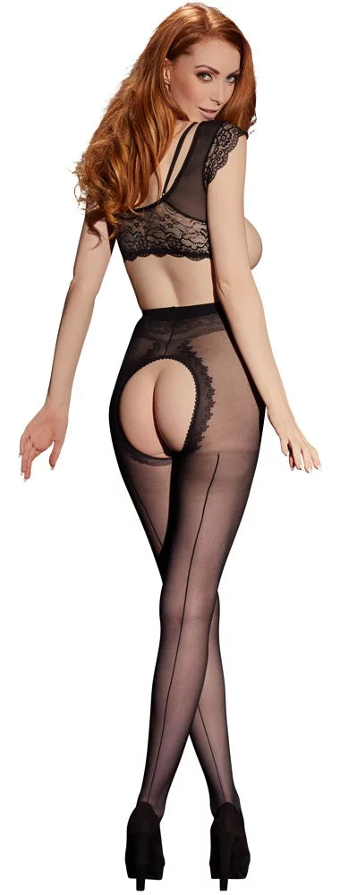 Seductive open-crotch tights with decorative seam &amp; lace waistband