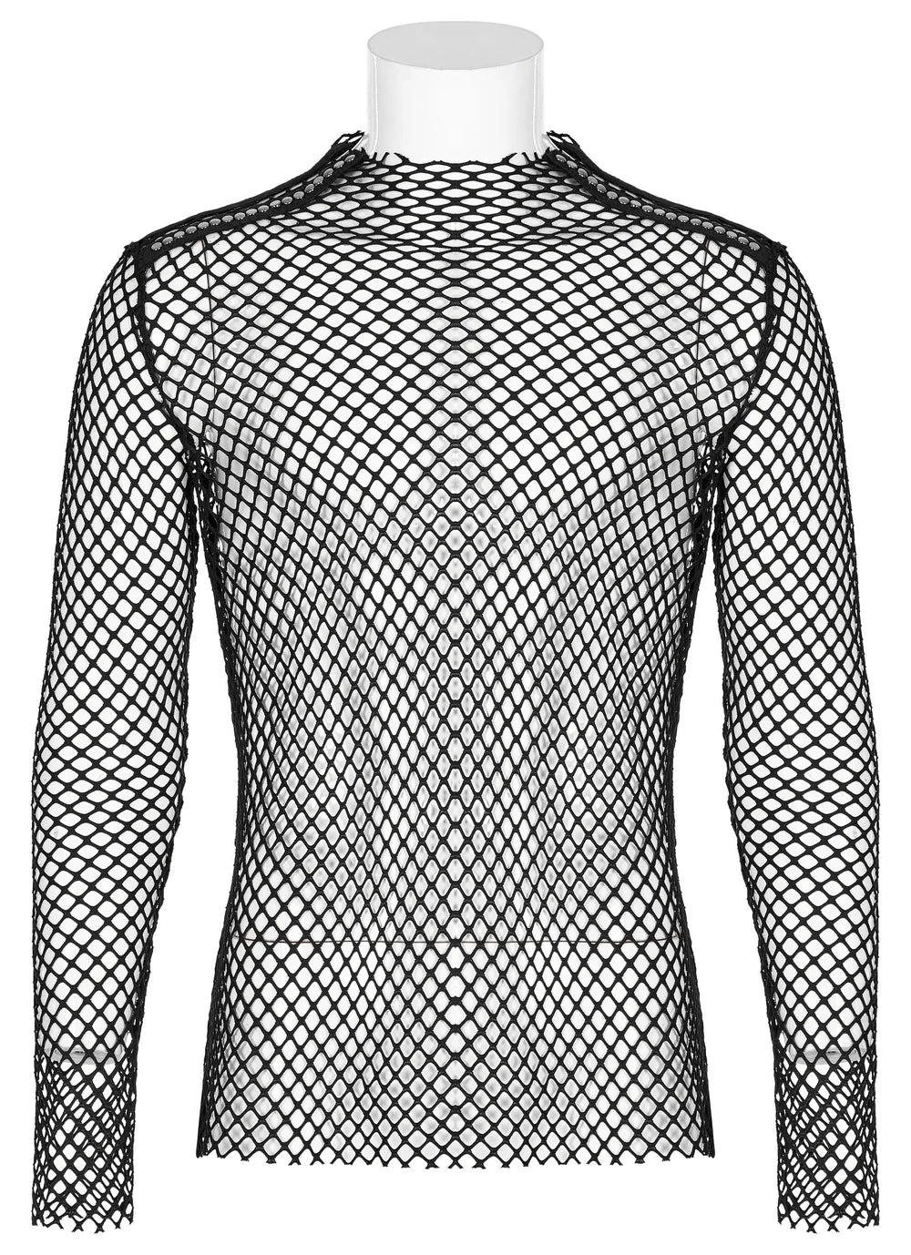 PUNK RAVE Fishnet Longsleeve - Coarse Men's Mesh Shirt with Stud Details Black