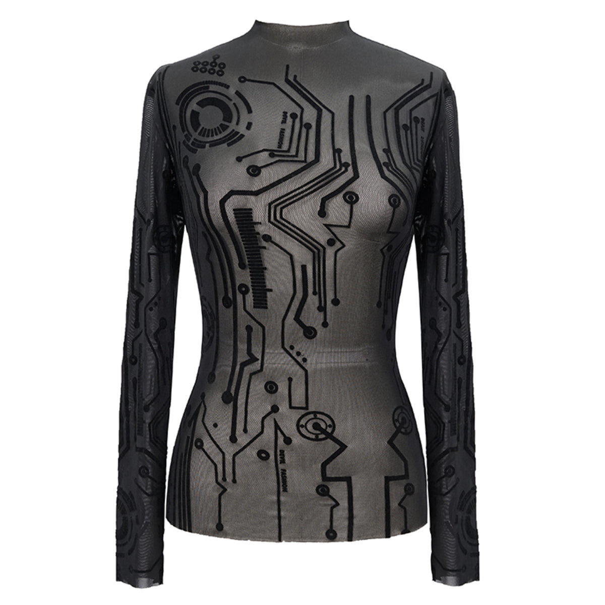 Devil Fashion – Cyberpunk Mesh Longsleeve mit Schaltkreis-Muster