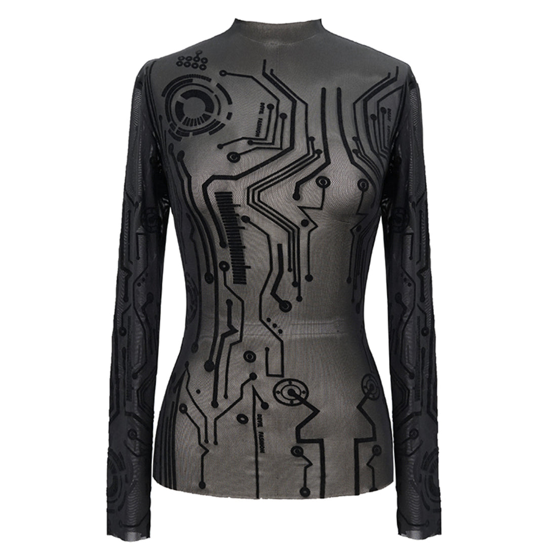 Devil Fashion – Cyberpunk Mesh Longsleeve mit Schaltkreis-Muster