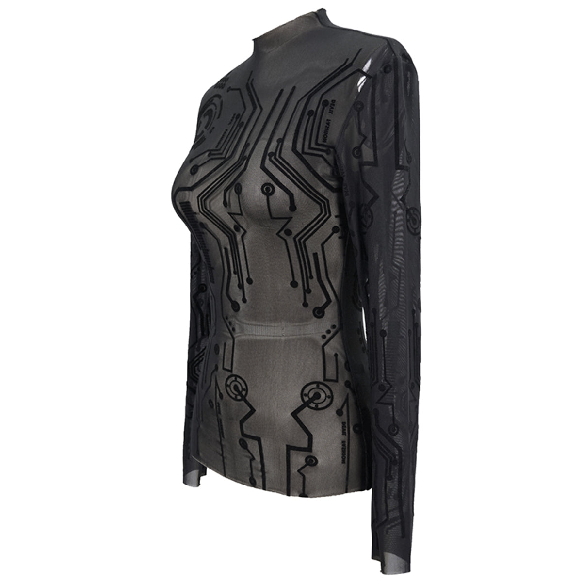 Devil Fashion – Cyberpunk Mesh Longsleeve mit Schaltkreis-Muster