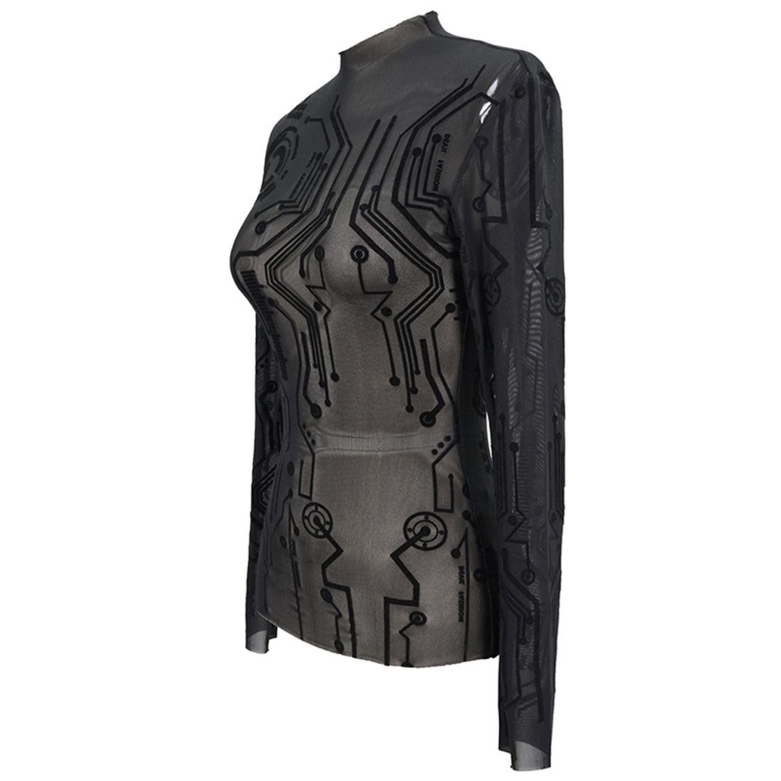 Devil Fashion – Cyberpunk Mesh Longsleeve mit Schaltkreis-Muster