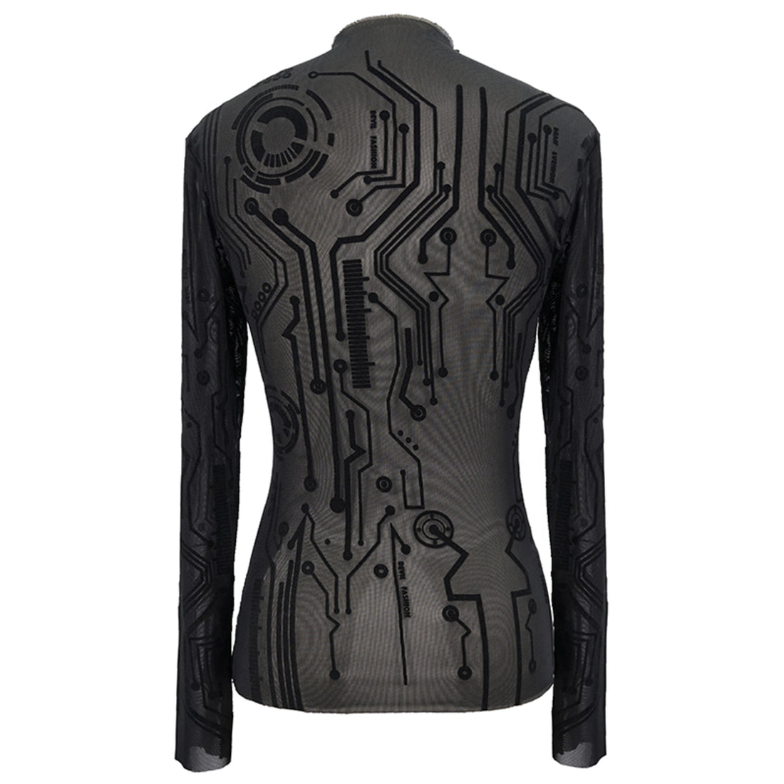 Devil Fashion – Cyberpunk Mesh Longsleeve mit Schaltkreis-Muster