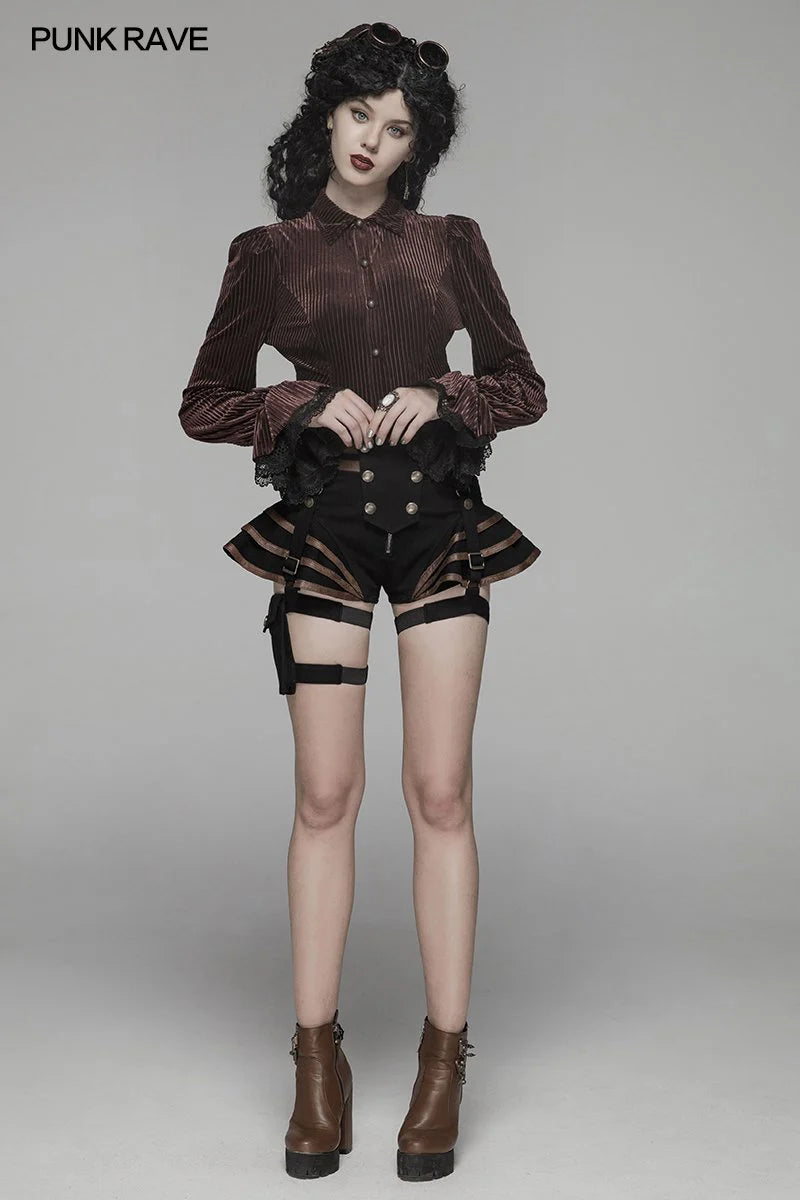 Steampunk High Waist Shorts schwarz-braun mit Rüschenvolants von Punk Rave