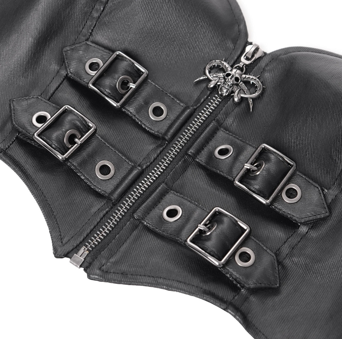 Devil Fashion Gothic Neckholder Crop Top mit Schnallen & Skull-Zipper