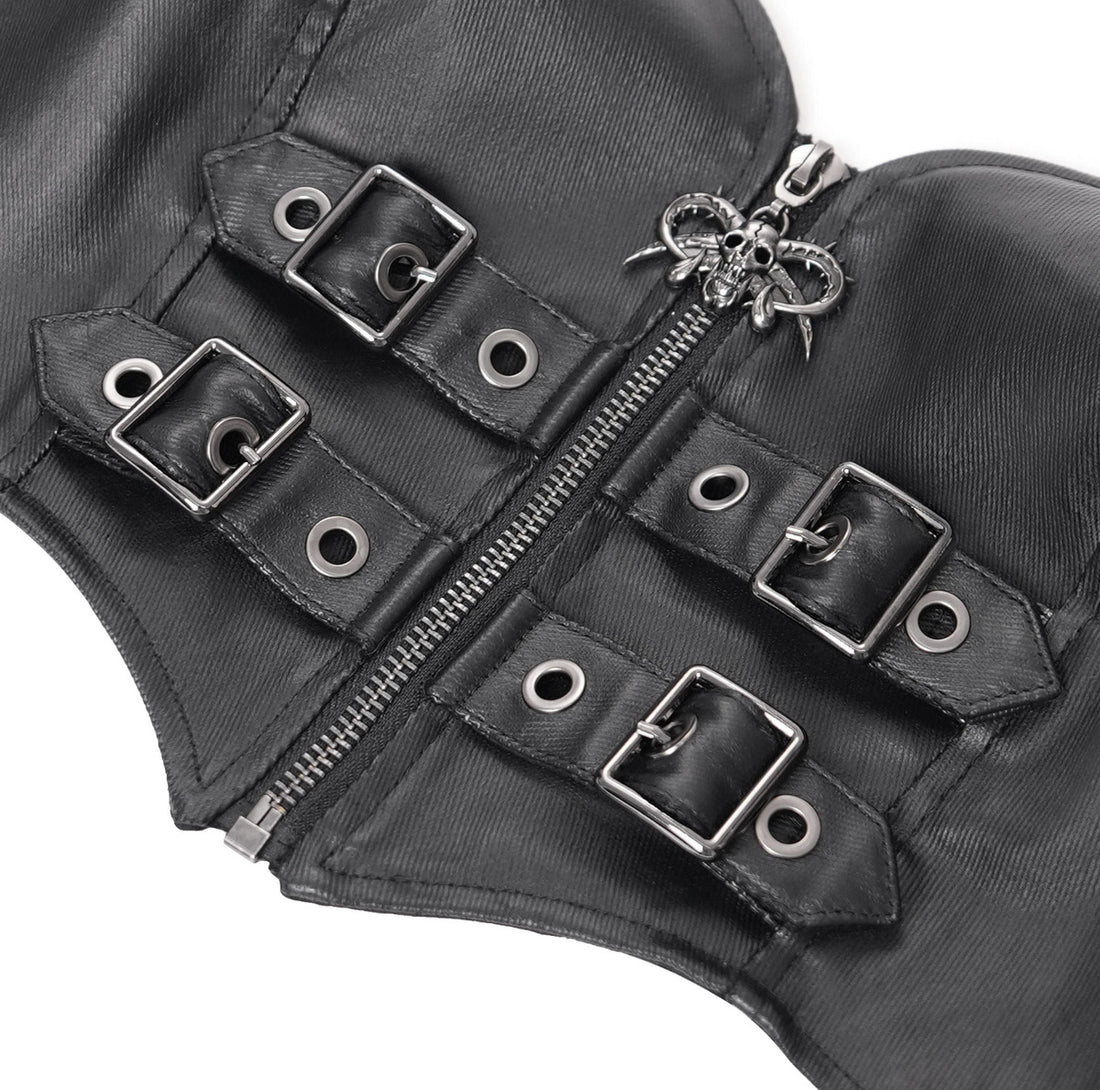 Devil Fashion Gothic Neckholder Crop Top mit Schnallen & Skull-Zipper