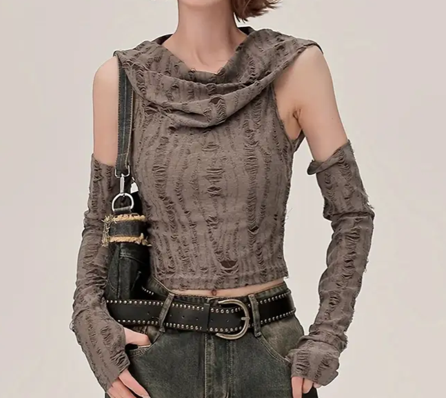 Ärmelloses Vintage-Tanktop mit Kapuze, Raw-Hem-Design und leichtem Distressed-Look.